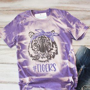 New Hand Bleached Unisex Tee Small - Tiger with Bandana - RTS